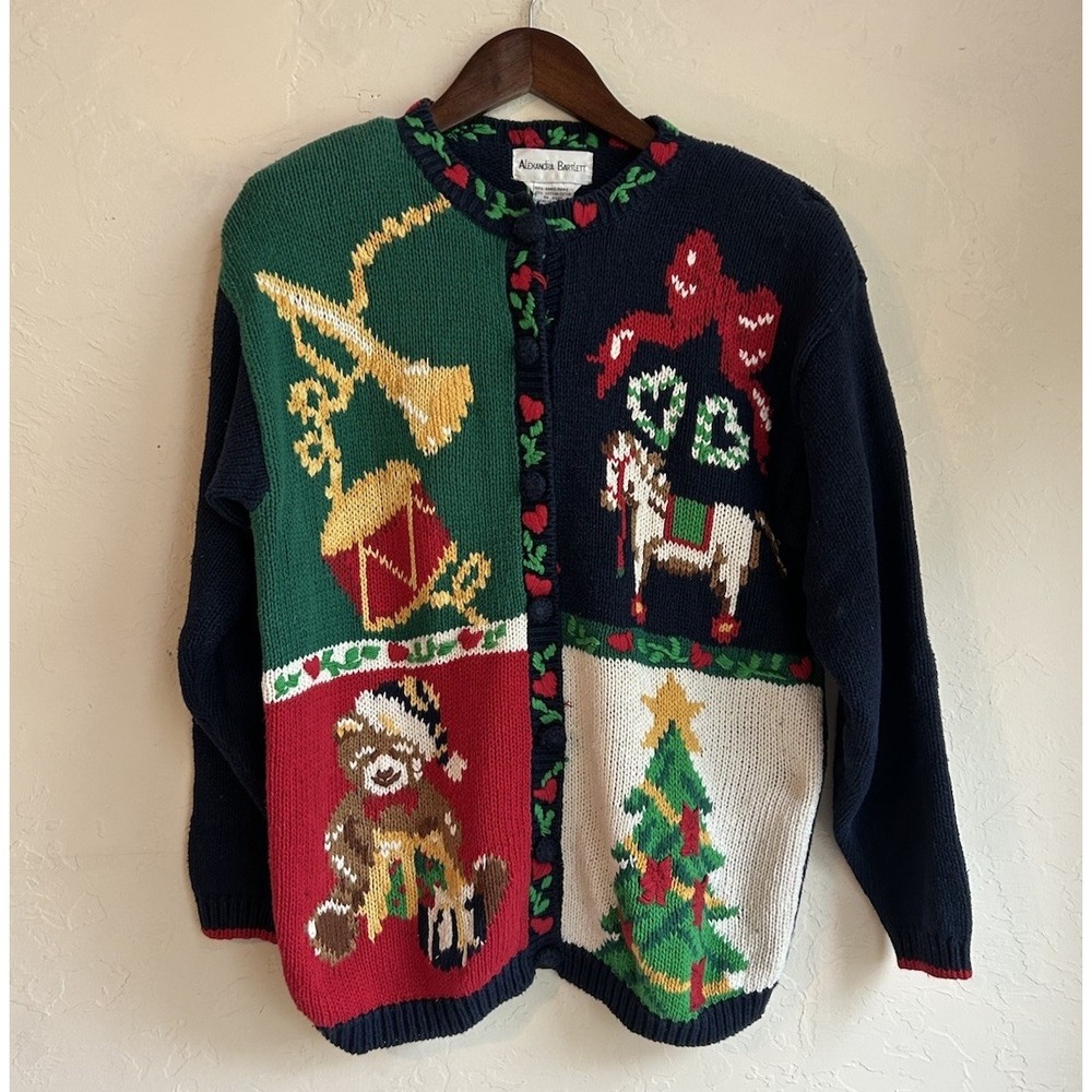 Vintage Alexandra Bartlett Cardigan Sweater M Novelty Christmas Grandma Holiday
